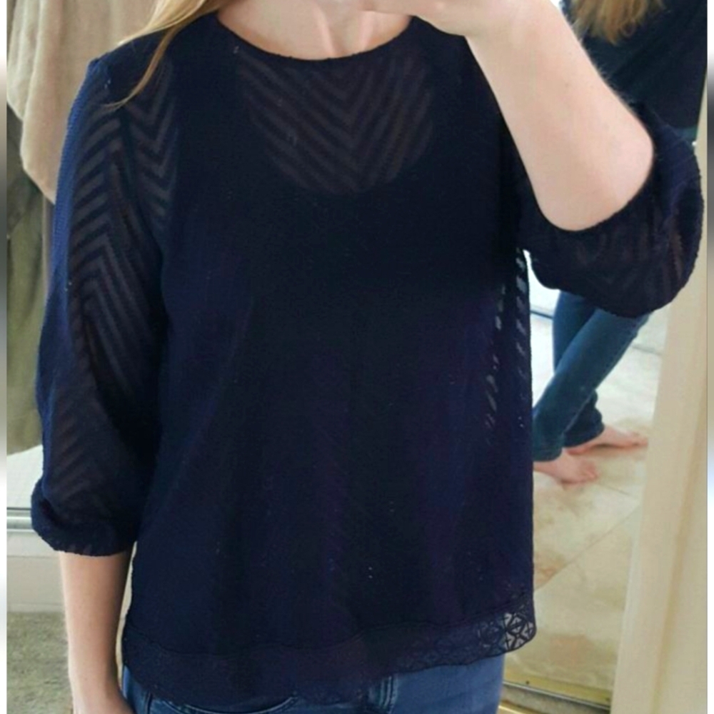 Eclair Pip Crew Neck Navy 3/4 Sleeve Semi-Sheer Blouse from Stitch Fix Size XS